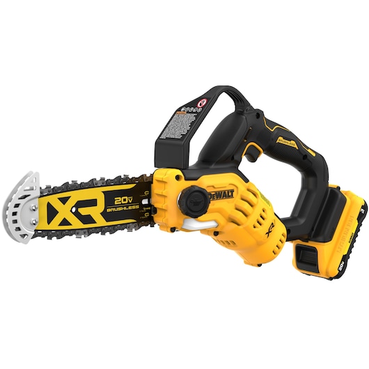 Pruning Chainsaw with 3 AH battery on white background in 3/4 front view