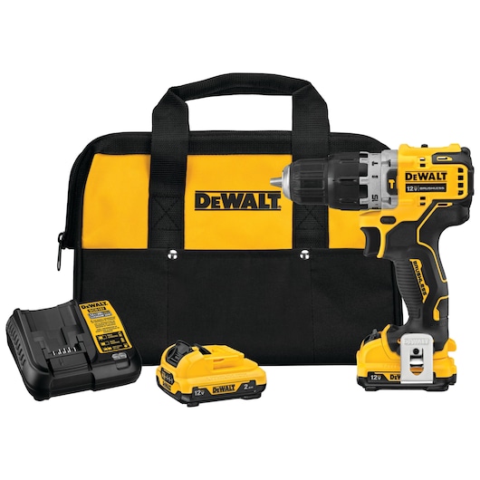 Brushless cordless hammer drill with battery kit.
