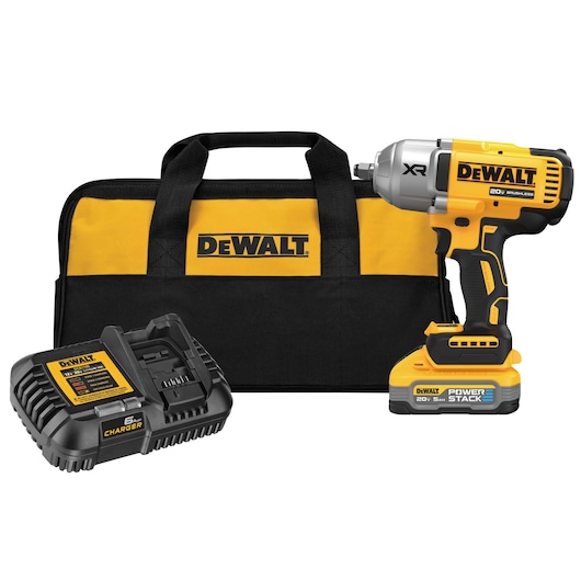 1/2 inch High-Torque Impact Wrench tool kit that includes a charger, kit bag, and DEWALT POWERSTACK five amp hour battery