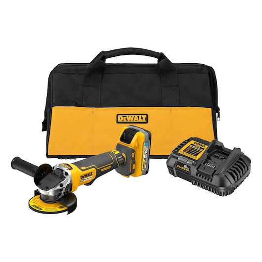 Grinder tool kit that with charger, kit bag, and DEWALT POWERSTACK five amp hour battery