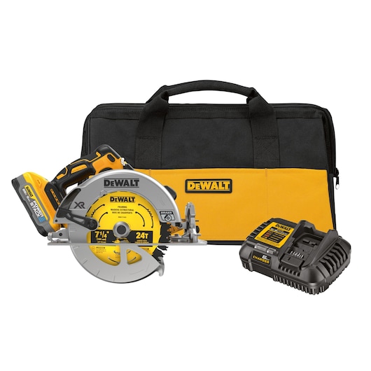 7-1/4 inch Circular Saw tool kit that includes a charger, kit bag, and DEWALT POWERSTACK five amp hour battery